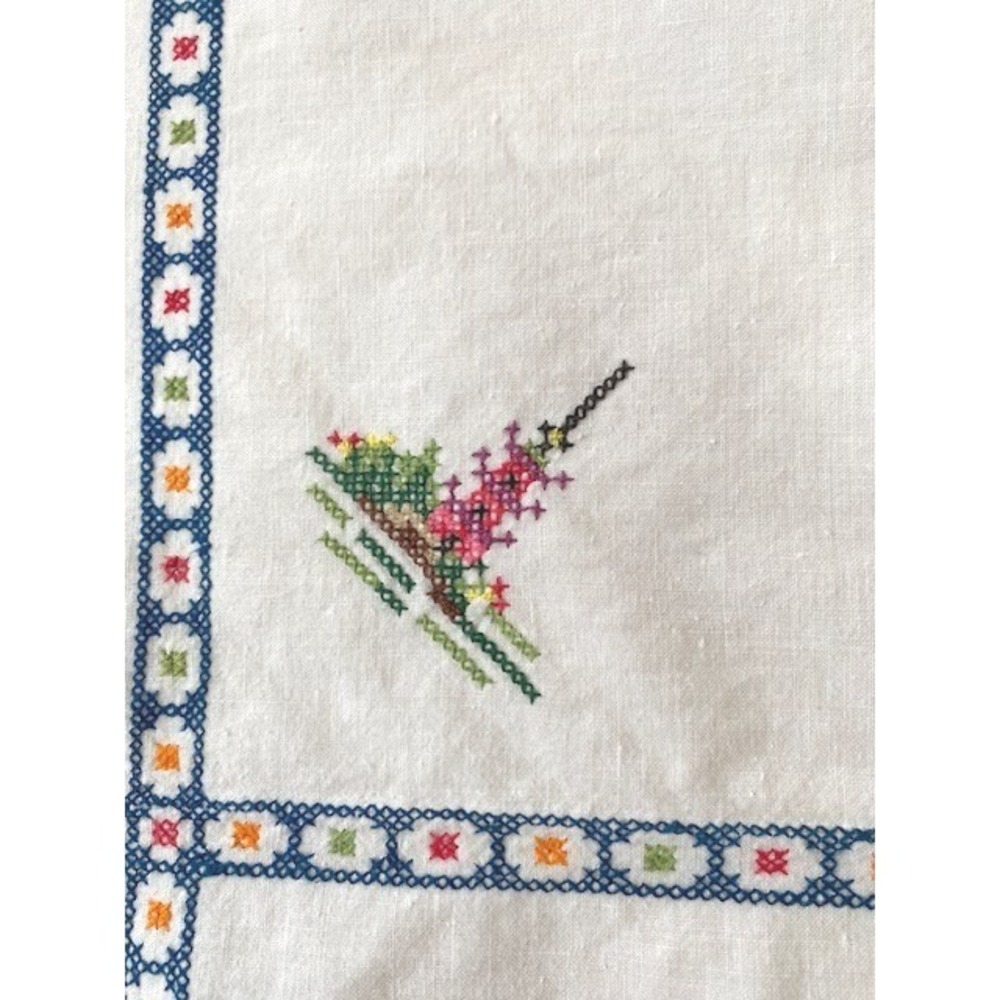 Vintage Hand Embroidered Tablecloth Cross Stitch Border 45" Square Asian